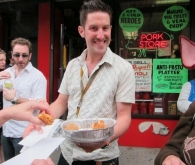 Matt serving Arancini at Espositos Pork Store